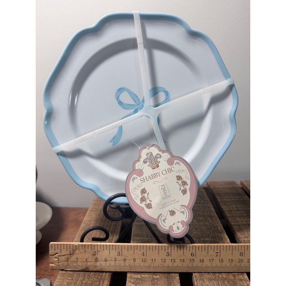Set 4 Blue Bow 8.5" Salad Dessert Plates Coquette Melamine Shabby Chic